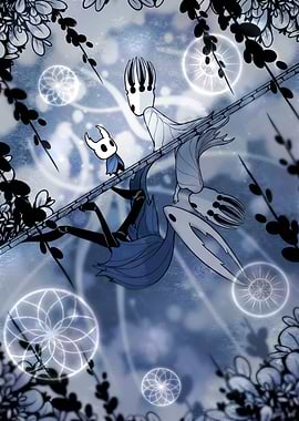 Hollow Knight characters on a branch