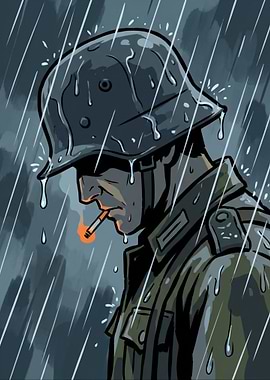 German Soldier in Rain during Smoking a Cigarette