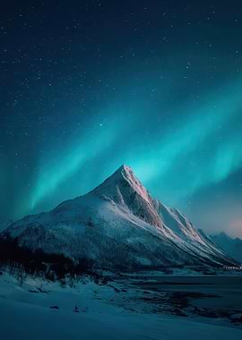 Aurora Borealis over Snowy Mountain Peak