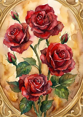 Watercolor Roses in Oval Frame