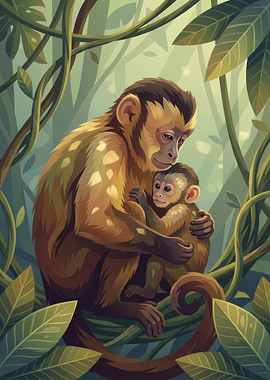 Monkey mother and baby in jungle