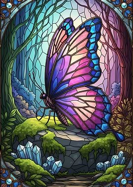 Stained Glass Butterfly in Forest Scene