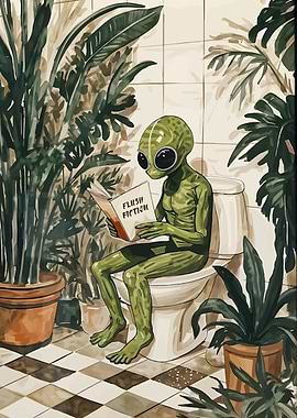 Alien Reading on Toilet Surrounded by Plants