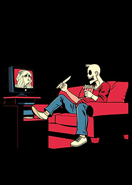 Skeleton watching TV with popcorn