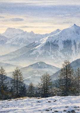 Watercolor Mountain Landscape with Snow