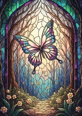 Stained Glass Butterfly Forest Scene