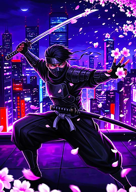 Cyberpunk Ninja with Cherry Blossoms