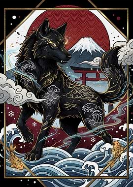 Japanese Wolf with Mount Fuji