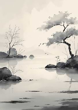 Monochrome Serene Lake Landscape Painting