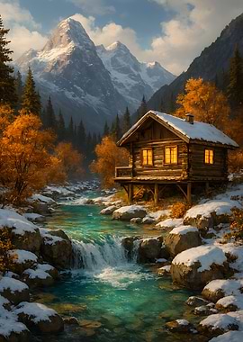 Cabin by the River in Winter