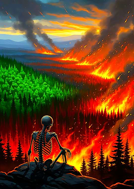 Skeleton watching forest fire