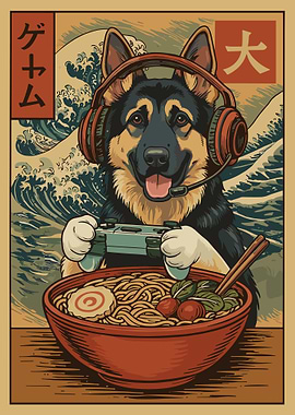 Gaming Dog Ramen Poster, Funny German Shepherd Gamer Art, Japanese Style Wall Print