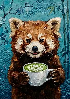 Red Panda with Matcha Latte Painting