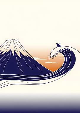 Cat on Wave with Mountain