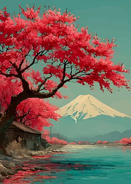 Cherry Blossoms and Mount Fuji Painting