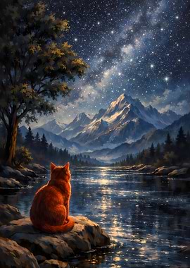 Cat gazing at starry mountain landscape Painting