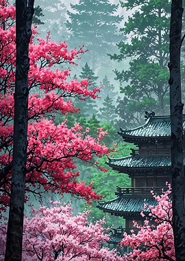 Japanese Pagoda with Cherry Blossoms
