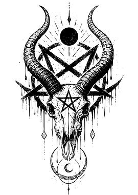 Goat Skull with Pentagram and Moon