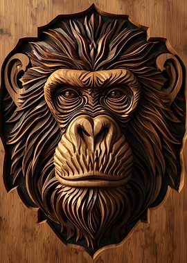 Wooden Carved Monkey Portrait