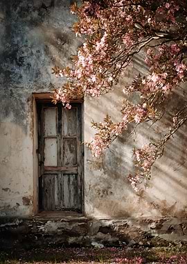 Old Door with Blossoming Tree