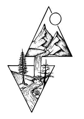 Geometric Mountain Landscape with Waterfall