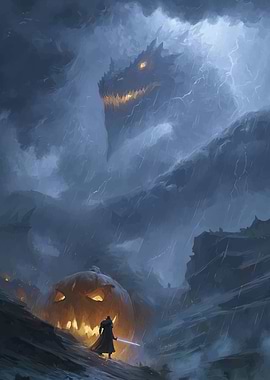 Dragon, Knight, and Halloween Pumpkin