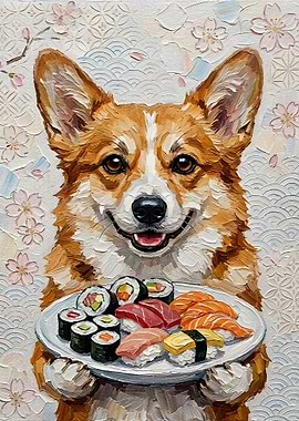 Corgi with Sushi Painting