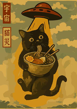 Black Cat UFO Ramen Poster, Funny Japanese Space Art, Quirky Sci-Fi Cat Wall Print