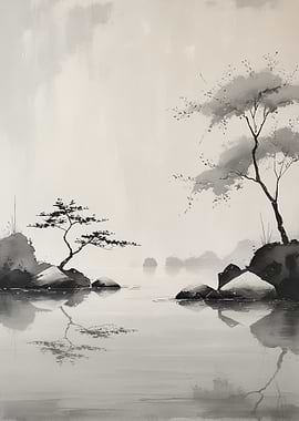 Monochrome Landscape with Trees and Water