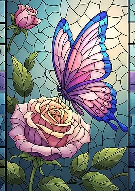Butterfly and Rose Stained Glass Art