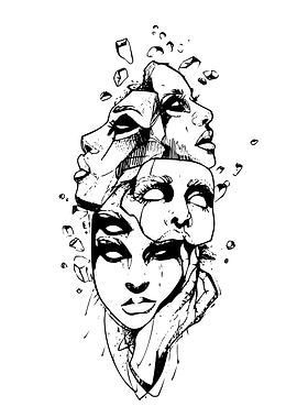 Shattered Faces Ink Drawing