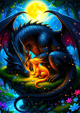 Dragon Family Under the Moonlight