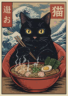 Black Cat Ramen Ukiyo-e Art