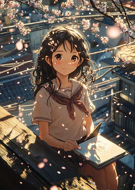 Anime Girl Drawing Under Cherry Blossoms