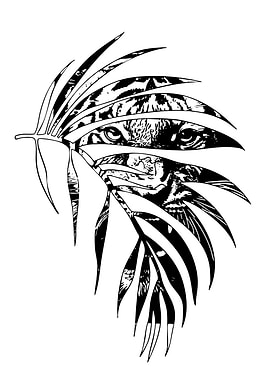Tiger hiding behind leaves illustration