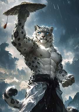 Anthropomorphic Snow Leopard Warrior in Rain