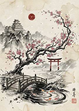 Japanese Winter Landscape with Cherry Blossoms