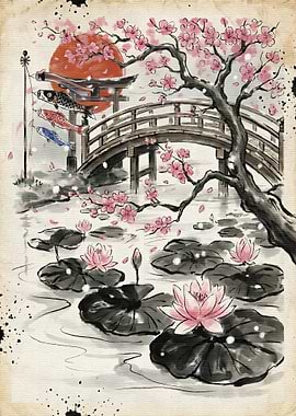 Japanese Garden with Cherry Blossoms