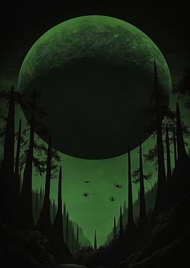 Green Moonlit Forest with Flying Creatures