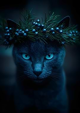 Blue Cat with Berry Wreath