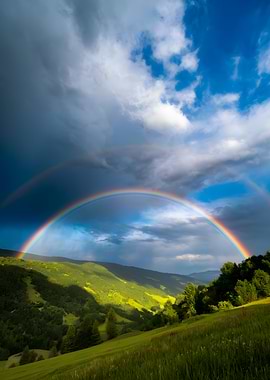 Rainbow over green hills landscape