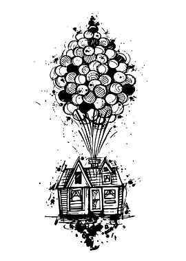 House Floating with Balloons Ink Sketch