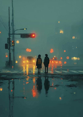 Rainy Cityscape with Figures