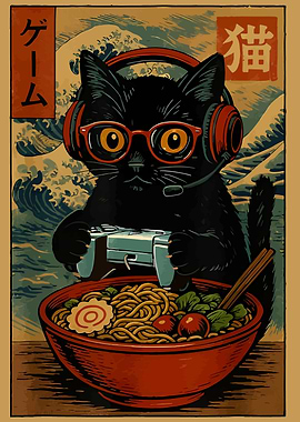 Gamer Cat with Ramen and Waves