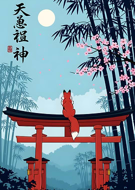 Fox on Torii Gate Illustration