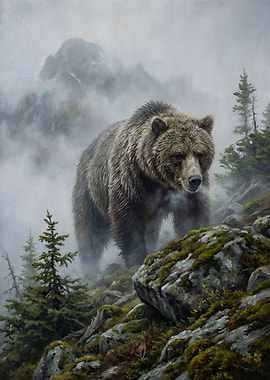 Grizzly Bear in Misty Mountain Landscape