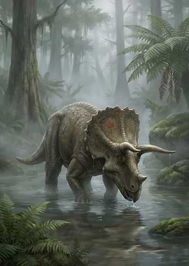 Triceratops in Misty Prehistoric Swamp