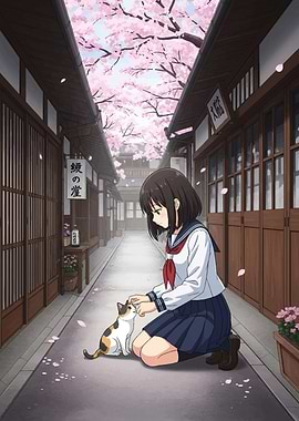 Anime Girl Petting Cat in Alley