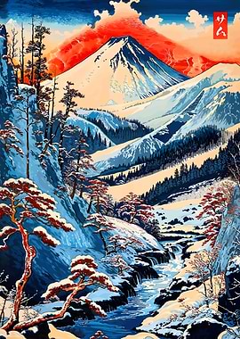 Winter Mountain Fuji Landscape with River