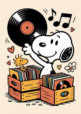 Snoopy and Woodstock with Vinyl Records
